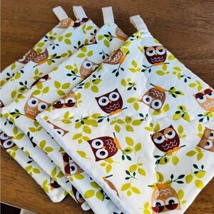 Owls—Hand Crafted Owl Print Pot Holders - Yellow, Brown, White